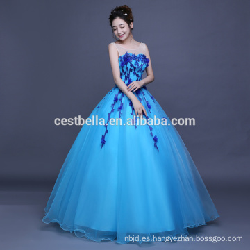 OEM fábrica China 2017 flores azules cielo Ruffles Quinceanera Prom Dresses vestido de bola vestido de fiesta formal de la fiesta